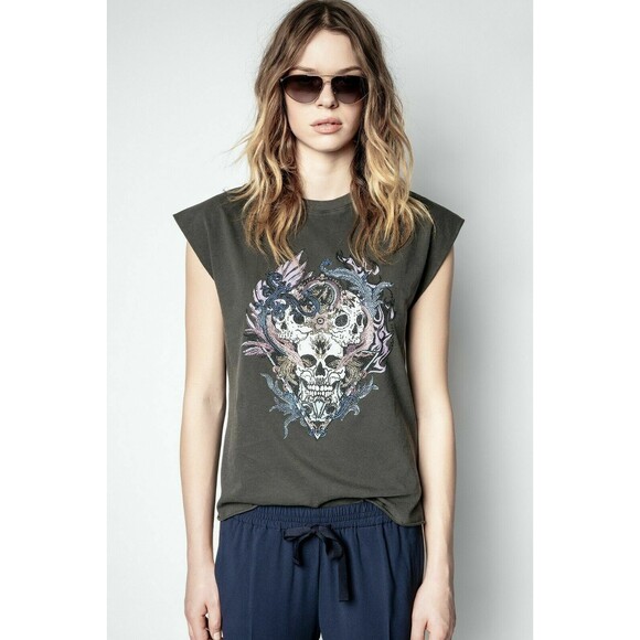 Zadig & Voltaire Weny Compo Skull Strass Tank Top Beaded Carbon S NEW 280821 - Picture 1 of 9